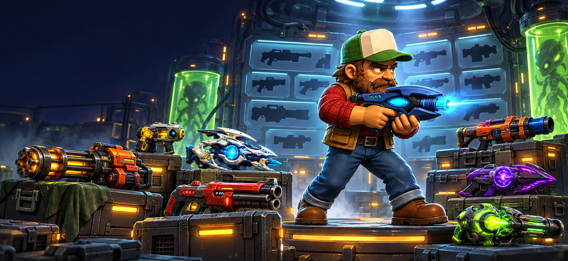 Alienville hero surrounded by science fiction weapons in an arsenal