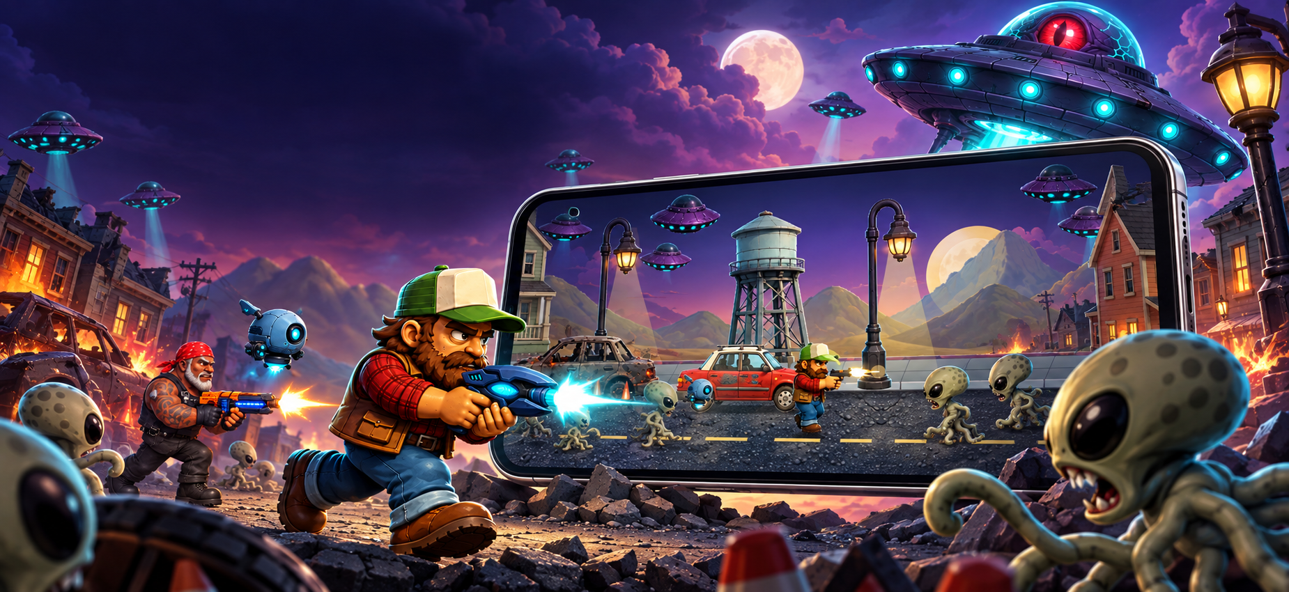 Concept art of Alienville gameplay on a phone screen
