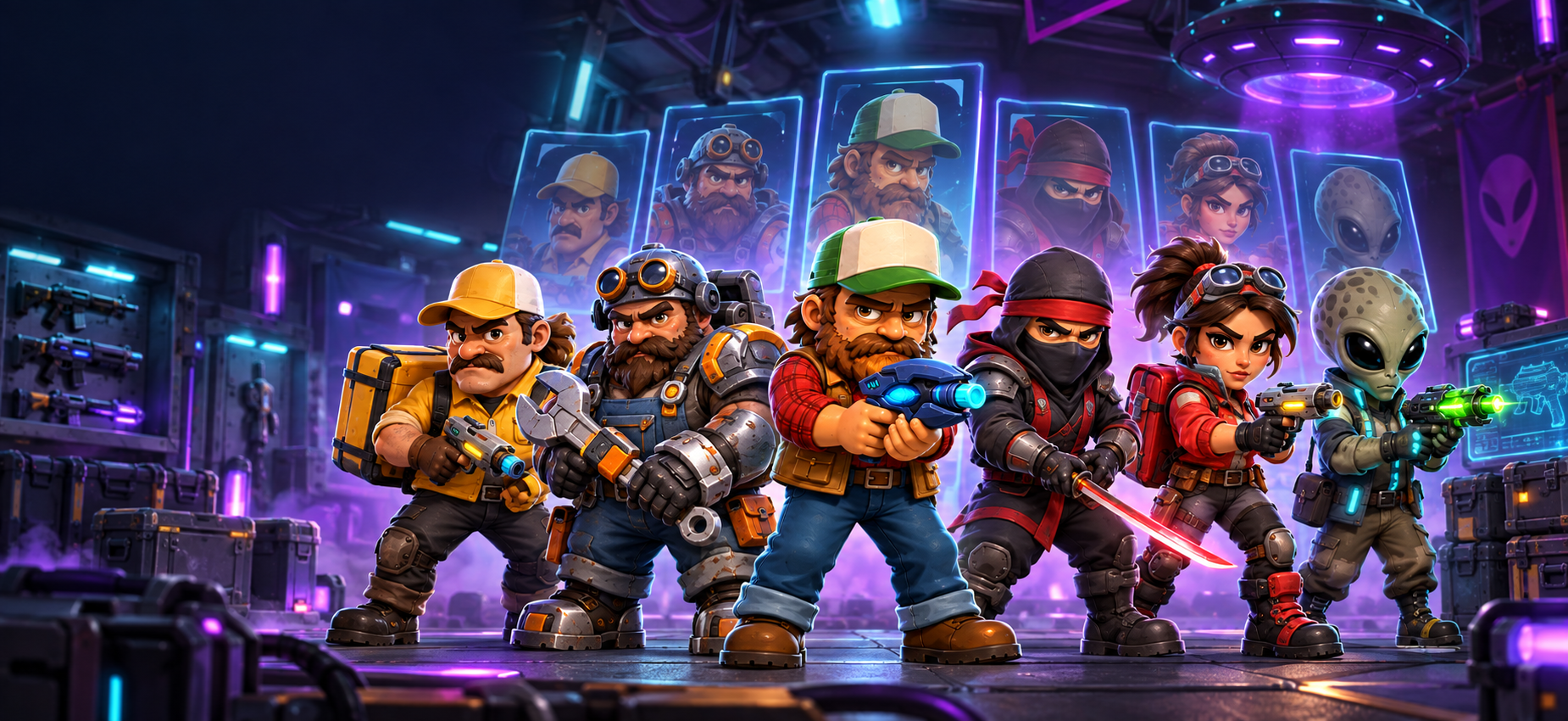 Concept illustration of Alienville characters in a selection room