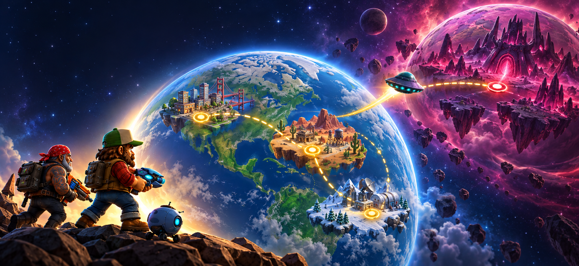 Illustrated map connecting Earth and an alien world with travel routes