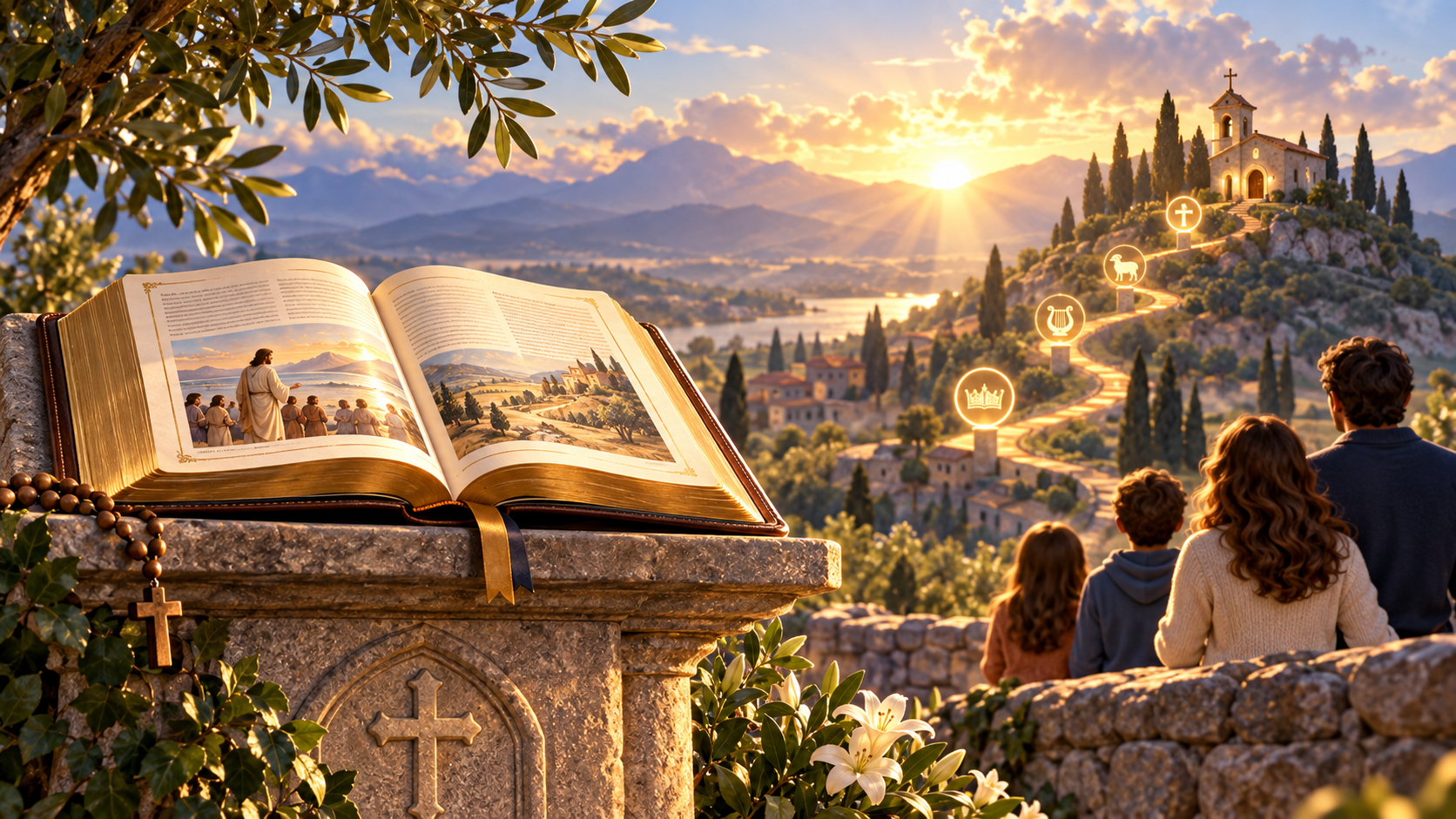 Open Bible at sunrise with a path toward a chapel