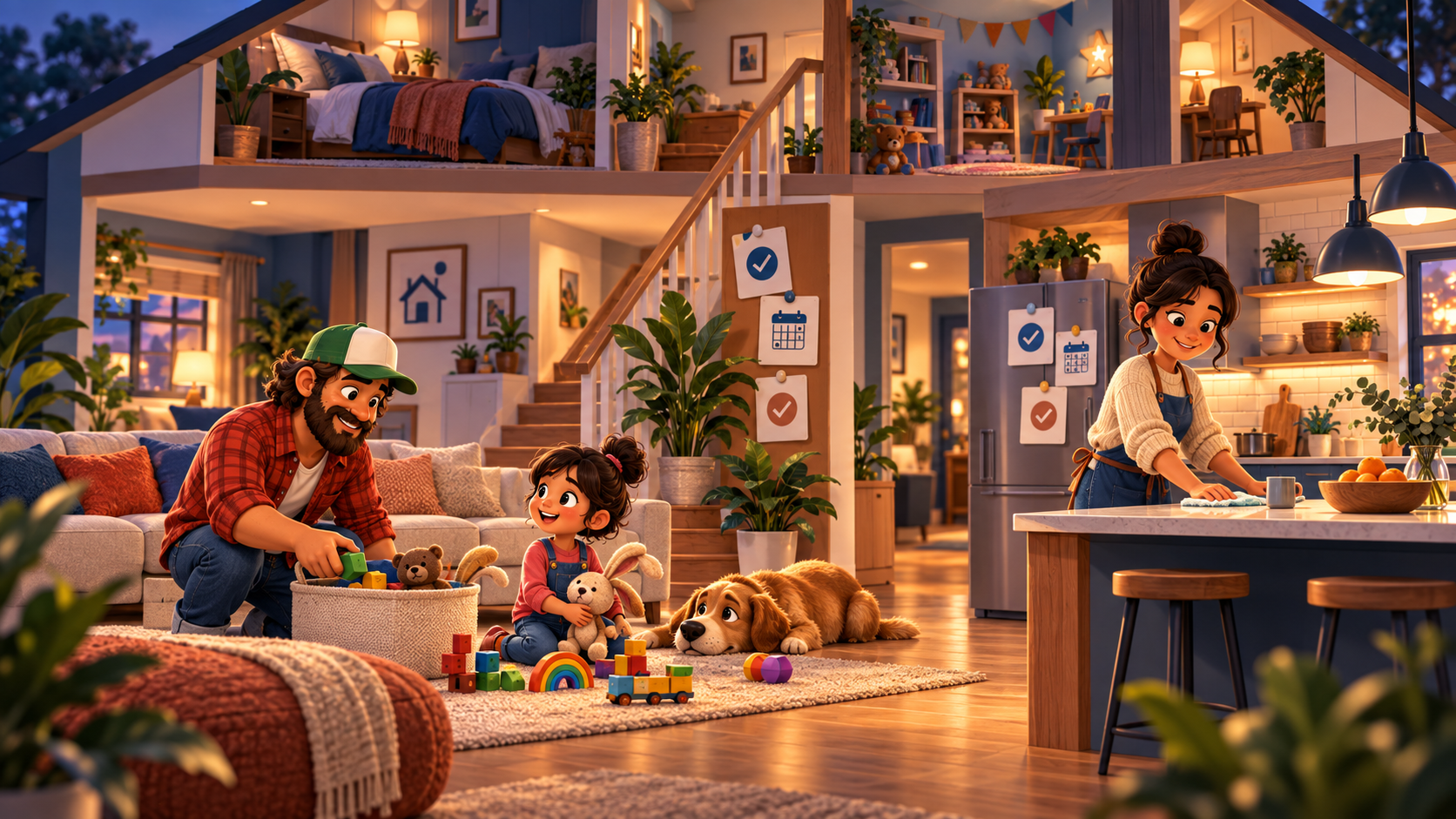 Family works together on household tasks in a warm home scene