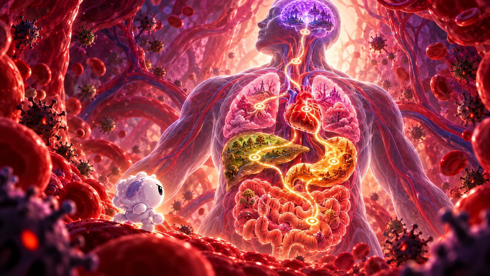 Illustrated human body with organ routes and infection sites