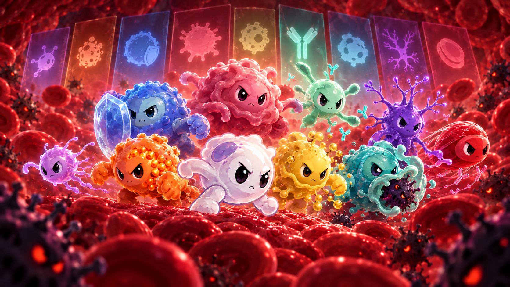 Immune cell character lineup inside a blood vessel