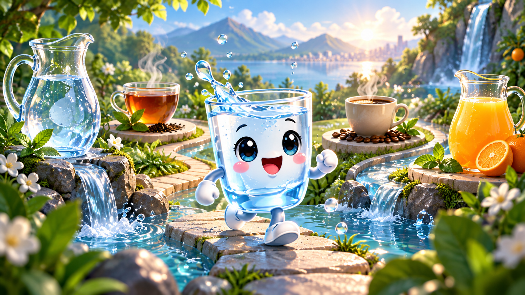 Water glass mascot among drinks in a hydration garden